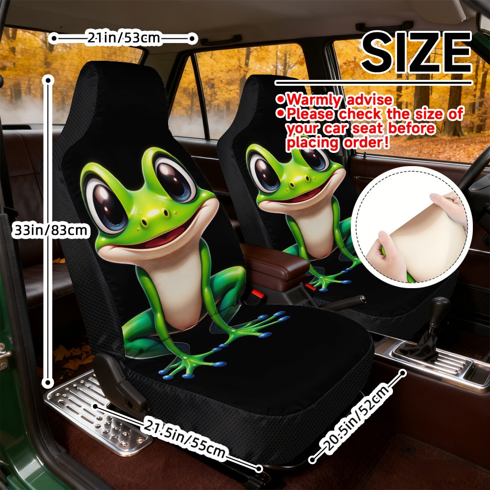 TEMU 2d Flat Printing, 2pcs Cute Green Cartoon Frog Print Car Seat Covers, Universal Fit Front Seat, Comfortable Car Seat Covers, , Machine Washable,