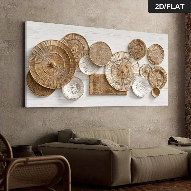 2D Flat, 2D Flat, Framed Modern Abstract Art Featuring Assorted Woven Straw Plates And Mats, Measuring 19.68 by 100.0 cm Or 50 by 100 Centimeters, Perfect for Decorating Living Rooms And Bedrooms with Canvas Prints