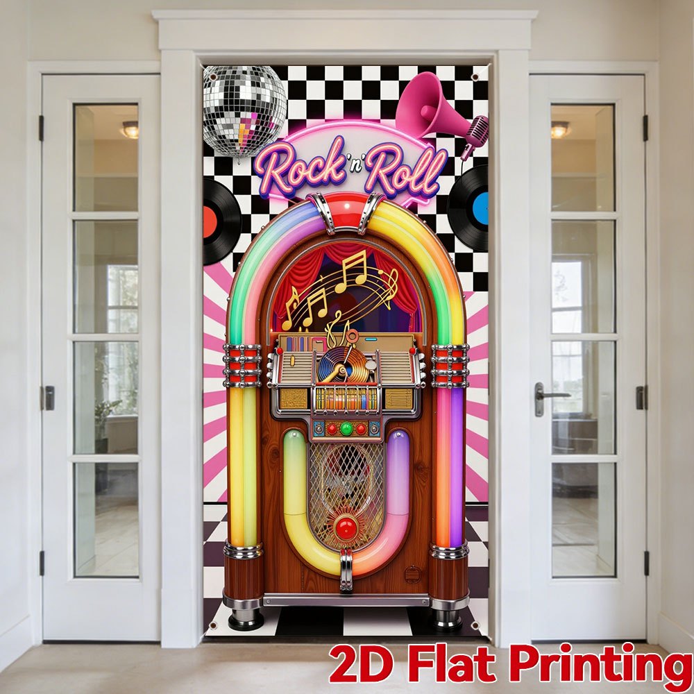 TEMU 2d Flat, 2d Flat - 2d Door Banner 2d Flat, 2d Flat - 2d Door Banner 2d Flat Printing Party Banners 1pc Rock N Roll Design Decorations Door Cover