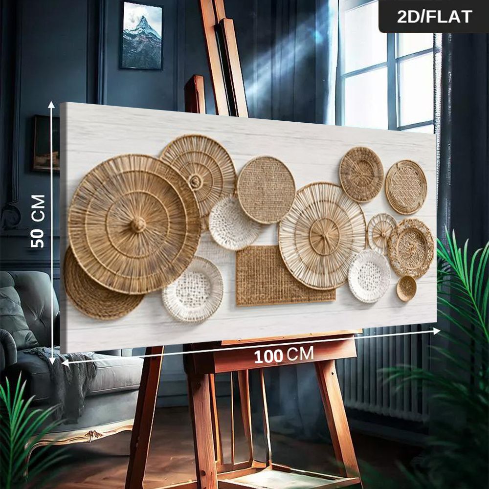2D Flat, 2D Flat, Framed Modern Abstract Art Featuring Assorted Woven Straw Plates And Mats, Measuring 19.68 by 100.0 cm Or 50 by 100 Centimeters, Perfect for Decorating Living Rooms And Bedrooms with Canvas Prints