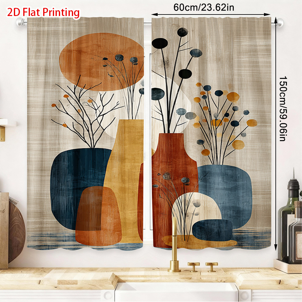 TEMU 2D Plat - 2D Plat - Ensemble de Vases Abstraits Imprimés 2D Plat avec Branches, Conçus Rideaux Semi-Ombre avec une Passe-Tringle. Parfait pour