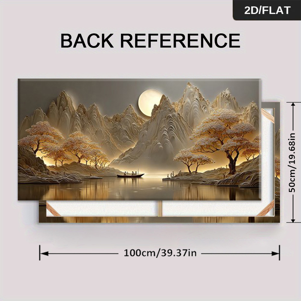 TEMU 2d Flat, 2d Flat, A Framed Modern Abstract Canvas Painting Featuring A Chinese-style Landscape With Mountains, Trees, A Boat, And , Measuring