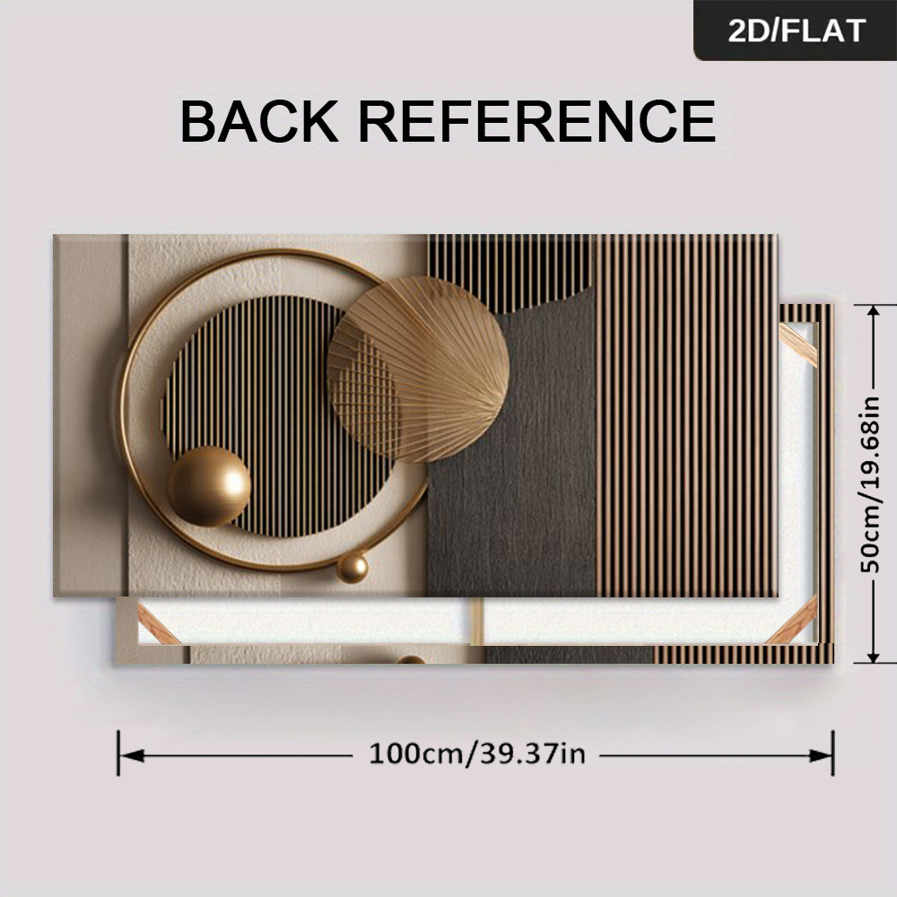 TEMU 2d Flat, 2d Flat, A Framed Modern Abstract Canvas Art Piece Featuring Geometric Shapes With Golden Accents And Striped Designs, Measuring 19.68