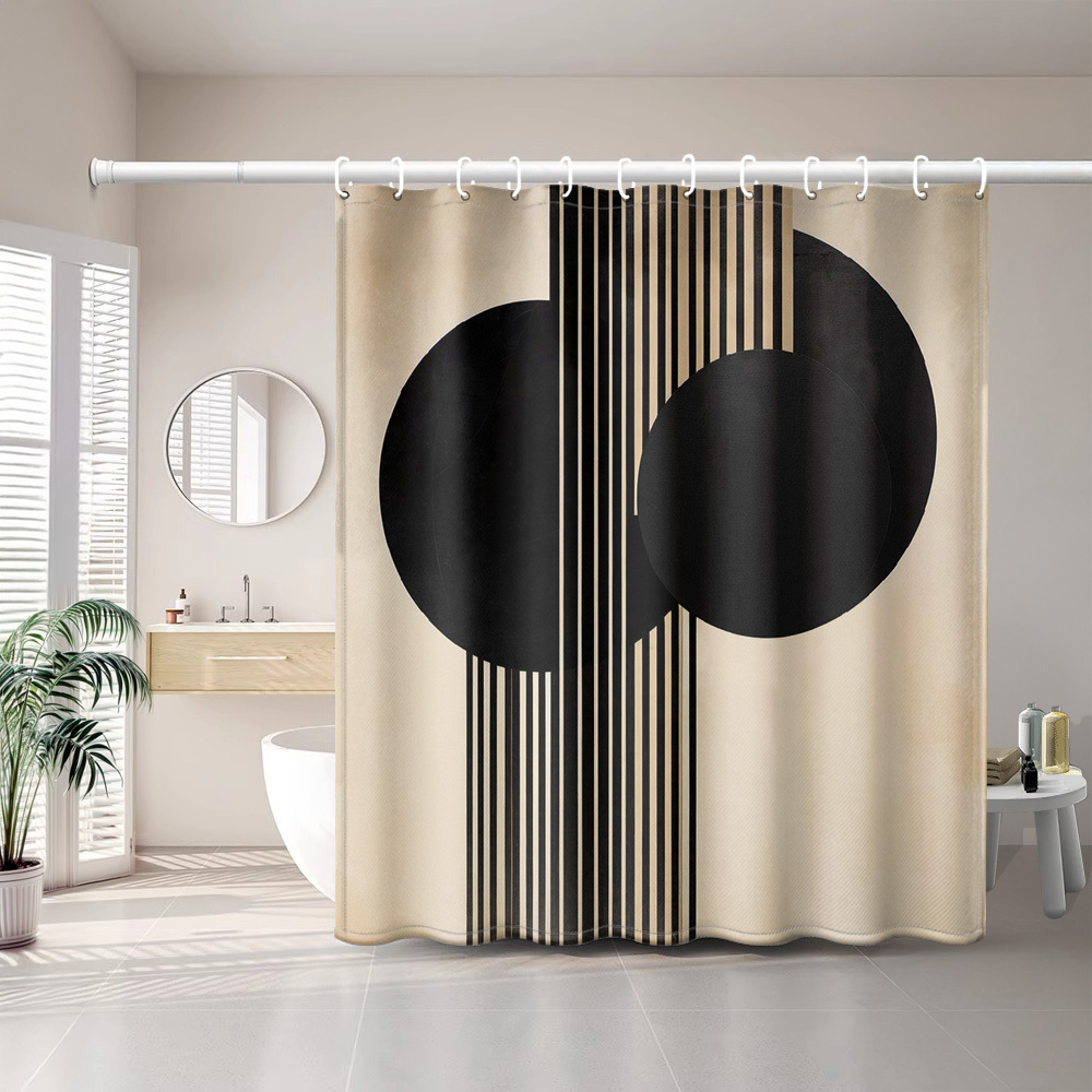 TEMU 1pc Of Minimalist Geometric Round Line Black And White Beige Printed Shower Curtain, Modern Bathroom Home Decor With Plastic Hooks, Suitable For