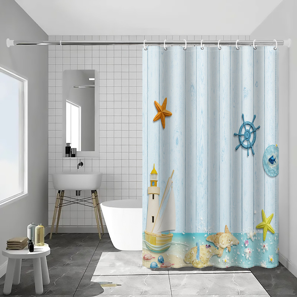 TEMU Grain Shower Curtain Featuring Starfish, Ship Wheels, , Sailboats, Shells, And Beach Prints, Designed In A Modern For Home Decor, With Plastic