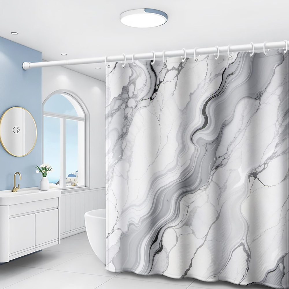 TEMU 1pc Black White Gray Marble Wave Pattern Printed Shower Curtain, Modern Bathroom Home Decor With Plastic Hooks, Suitable For Home And Hotel,