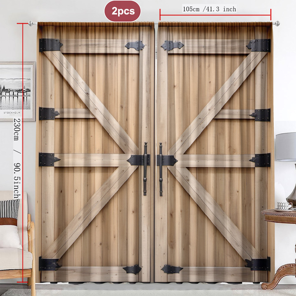 TEMU 2pcs Wooden Barn Door Frame Black Metal Hardware Printed Curtains, Minimalist Rod Decor Curtains, Suitable For Kitchen, Cafe, Living Room,
