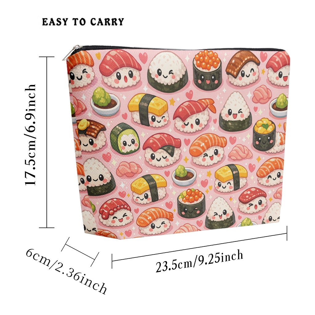 TEMU 【商品名】可愛い寿司キャラクター柄のリネン製メイクアップバッグ。女性に最適。軽量付きポーチは多機能で、洗面用品の整理に最適。コインパースとしても使用でき、女性や友人へのプレゼントに最適です。