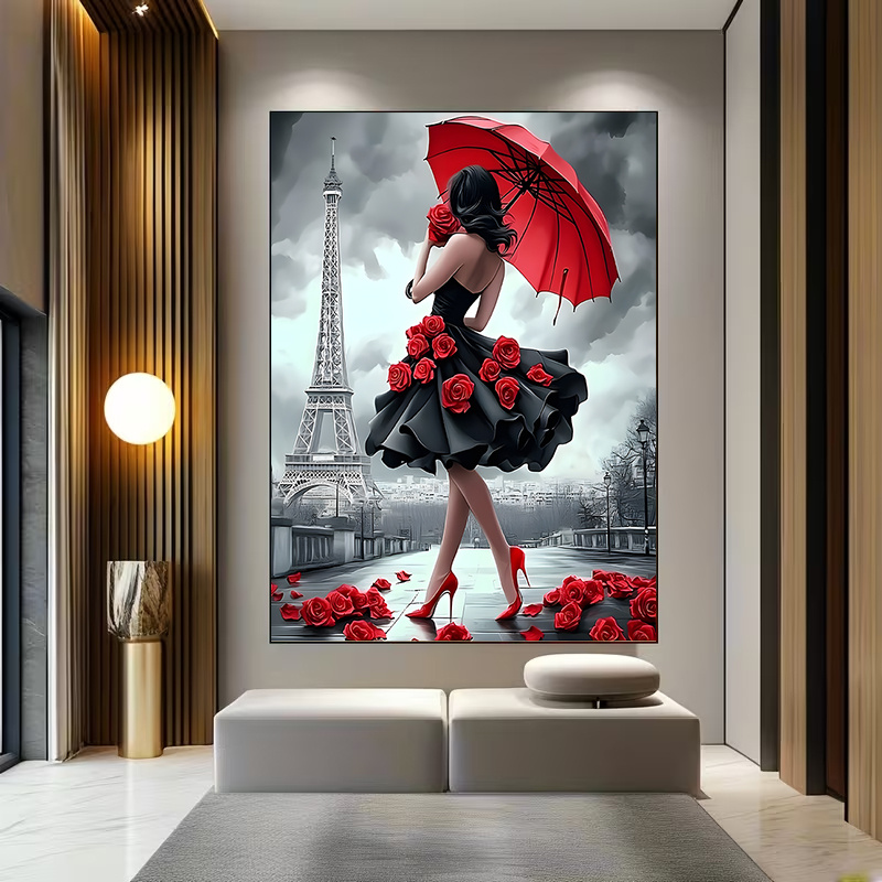 TEMU 2d Flat, 1 Panel Large Vertical Tower Wall - Elegant Woman With &, Black Dress, French Scene - Frameless Canvas Painting Suitable For, , Modern
