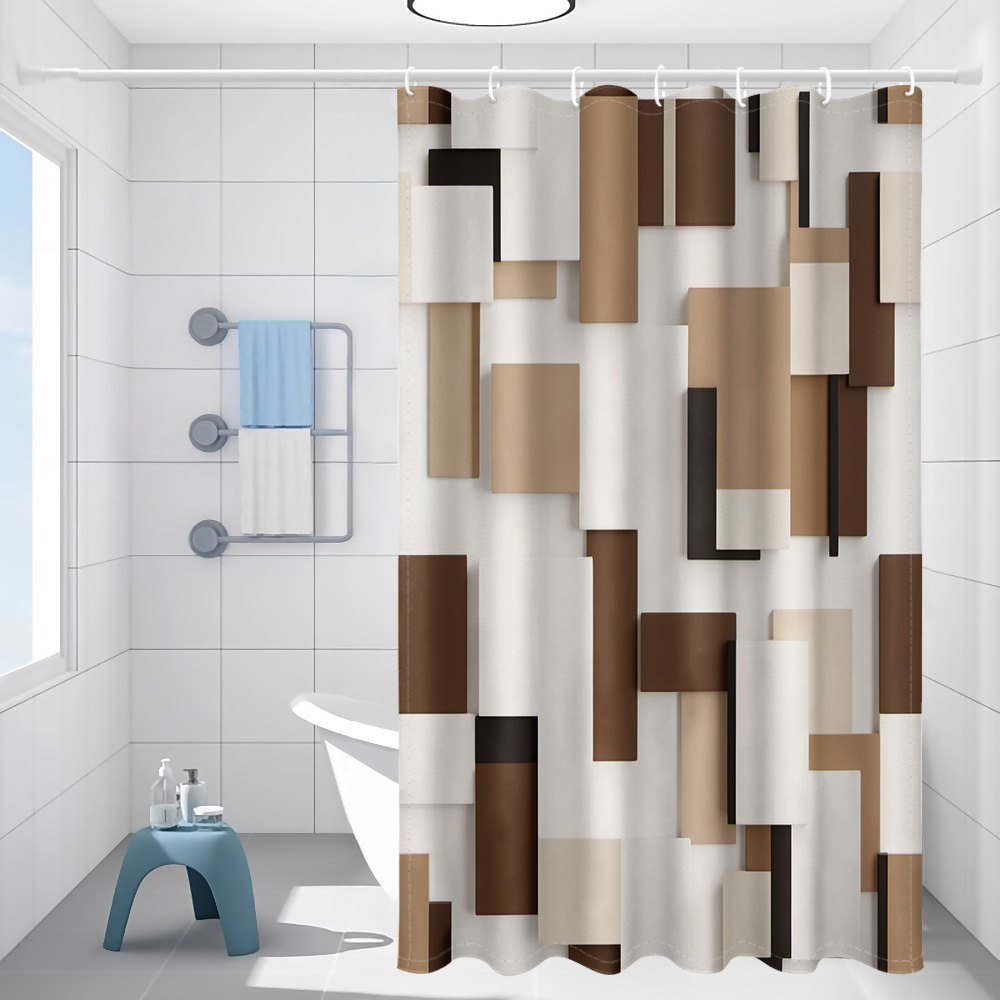 TEMU 1pc Geometric Block Brown Series Pattern Printed Shower Curtain, Modern Artistic Style Bathroom Home Decor With Plastic Hooks Suitable For