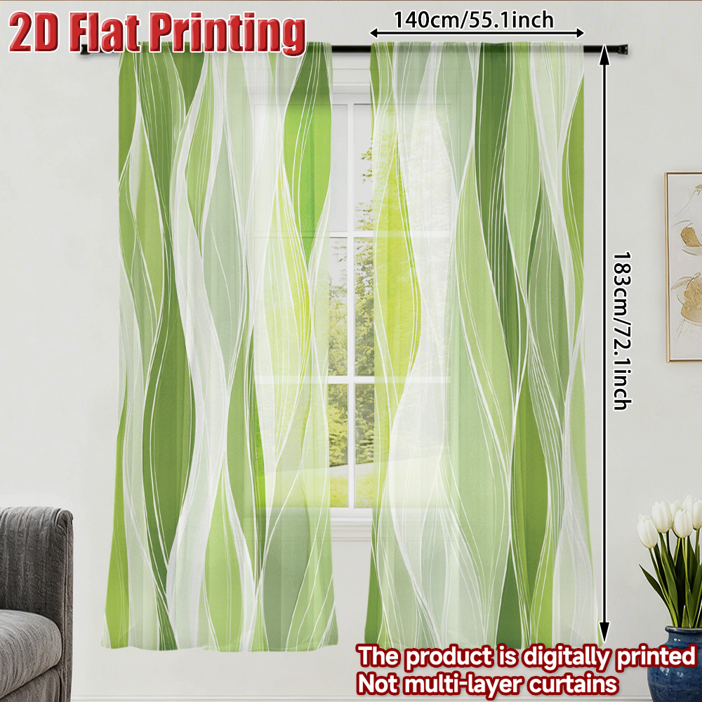 TEMU 2d Flat - 2d Flat - Set Of 2 2d Flat Gauze Curtains Featuring A Modern Green Abstract Leaf Design, Ideal For Festive Decor Or Gifts. Semi-sheer
