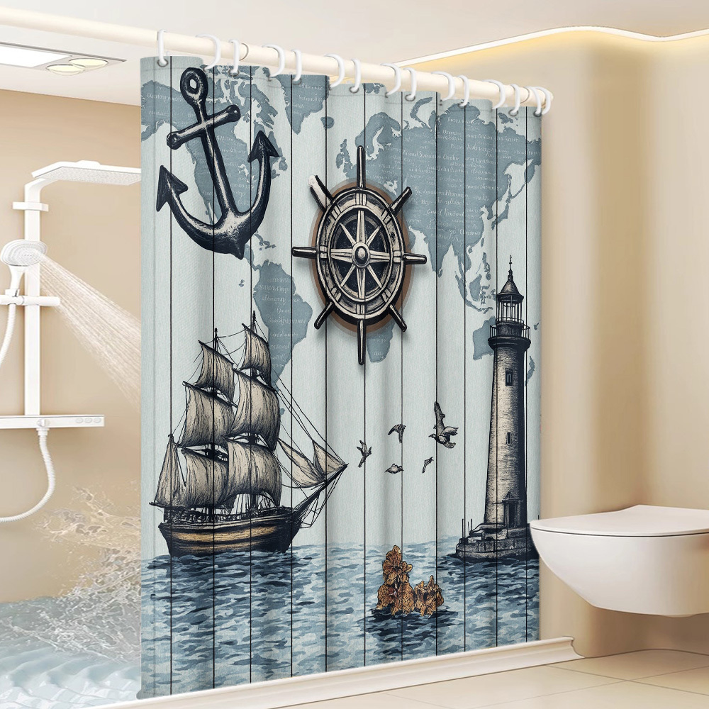 TEMU 1pc Marine Nautical Shower Curtain With Anchor, Ship Wheel, Lighthouse, Seagull & Lighthouse Print - Nautical Theme Bathroom Decor Suitable For