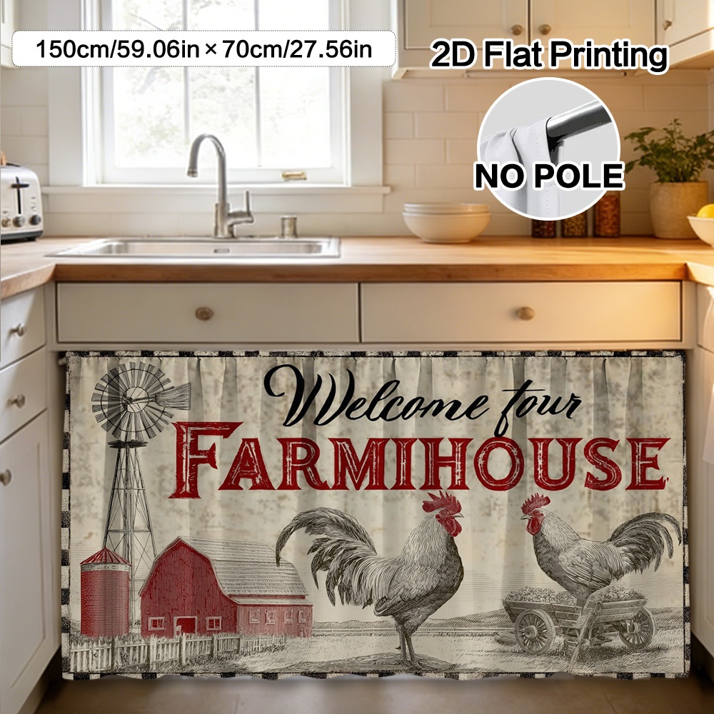 TEMU 2d Flat - 2d Flat - 1pc Of Farmhouse-themed Curtain And Cabinet Decoration Featuring A Rooster And Windmill Scene, Made From Polyester For . It