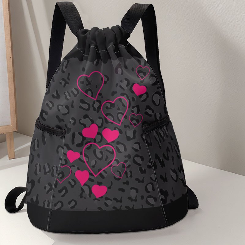 E-shop Damen-Rucksack mit Leopardenmuster-Basis rosa Herzmuster, 2D-gedruckter Kordelzug-Rucksack – Strapazierfähige Sporttasche mit großem