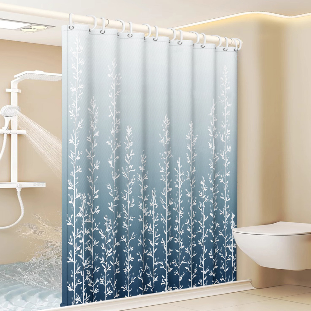 TEMU 1pc Blue-white Ombre Vertical Botanical Plant Print Shower Curtain With Foliage - Modern Bathroom Decor Suitable For Bathtub, Machine Washable