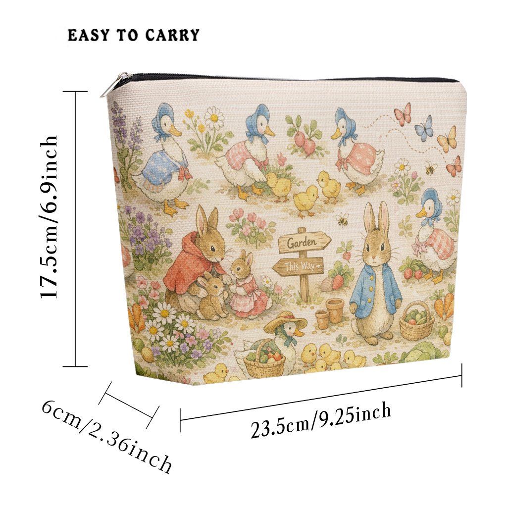 TEMU 【製品タイトル】花園でウサギとアヒルの遊びを描いたメイクアップバッグ、リネンコスメポーチ、軽量付きバッグ（女性用）、多機能トイレタリーストレージバッグ、コインパース、女性や友人へのギフト