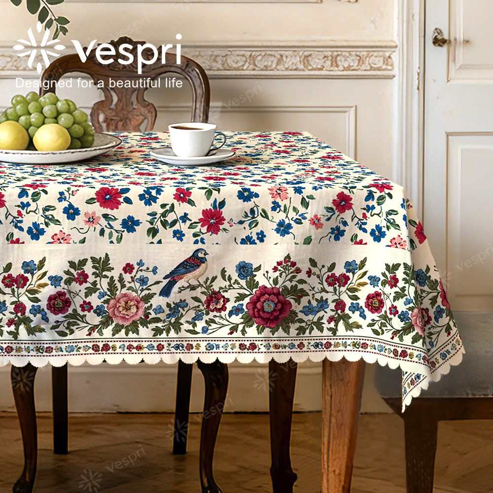 TEMU Spring, Wood Grain, Farmhouse Style Tablecloth, White And Red Decorations, Birds, Flowers And Green Leaves, Traditional Style, Round,