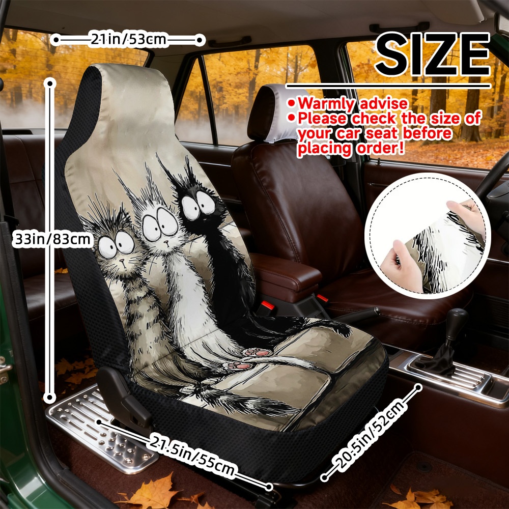 TEMU Fundas de Asiento para Vehículo, 2 Piezas, Impresión 2D , Estampado de Tres Gatos Divertidos, Universal para Asientos Delanteros, Cómodas y