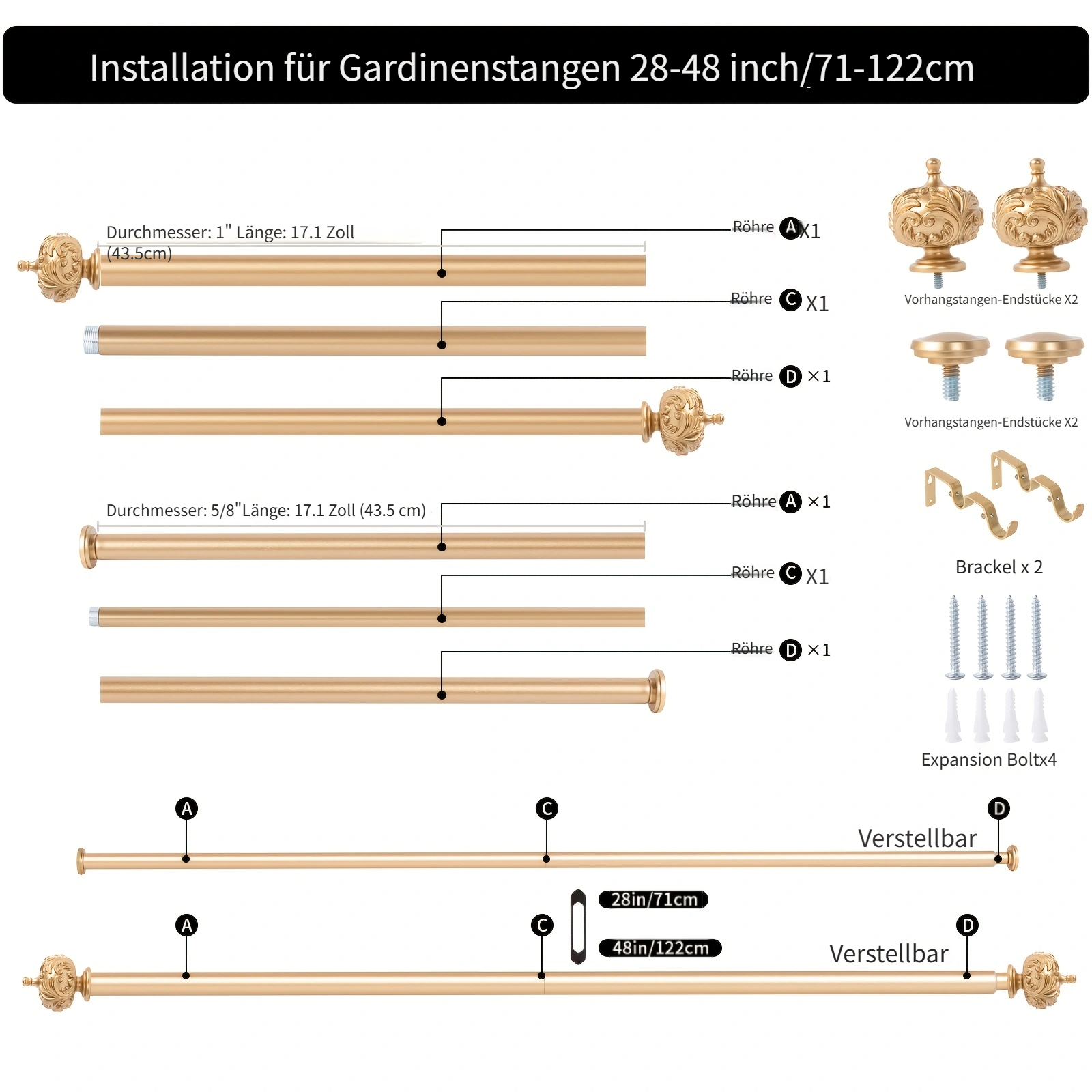 geräumliche retro gardinenstange verstellbar 1 zoll
