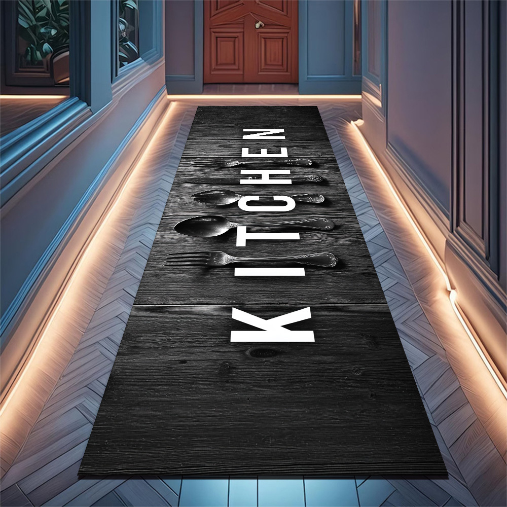 TEMU A Modern Minimalist Piece, This Long Rug Featuring Tableware And The 'kitchen' Slogan With 2d Printing And A Non-slip Backing. It Has A Soft