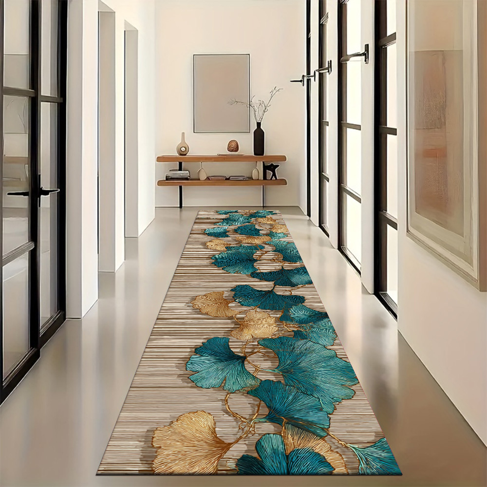 TEMU 1pc Of Light Luxury Minimalist Blue And Golden Ginkgo Leaf Long Runner Rug | 2d Print   Non-slip Backing, , Machine Washable And Easy To ,