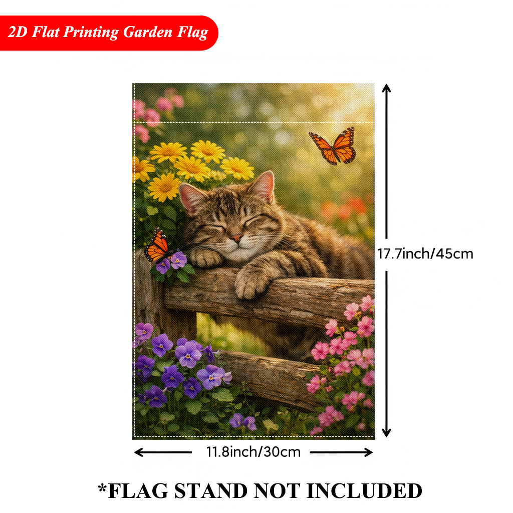 TEMU Drapeau de jardin 2D plat - 2D plat - Un drapeau de jardin 2D représentant un chat profitant d'une paix dans le jardin - Décoration d'extérieur