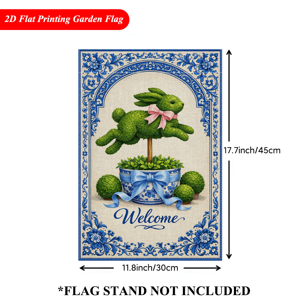 TEMU 2d Flat - 2d Flat - 1 2d Garden Flag Featuring A Rabbit Sculpture Decoration Welcomes You To The Garden - Double-sided Printed Linen Outdoor