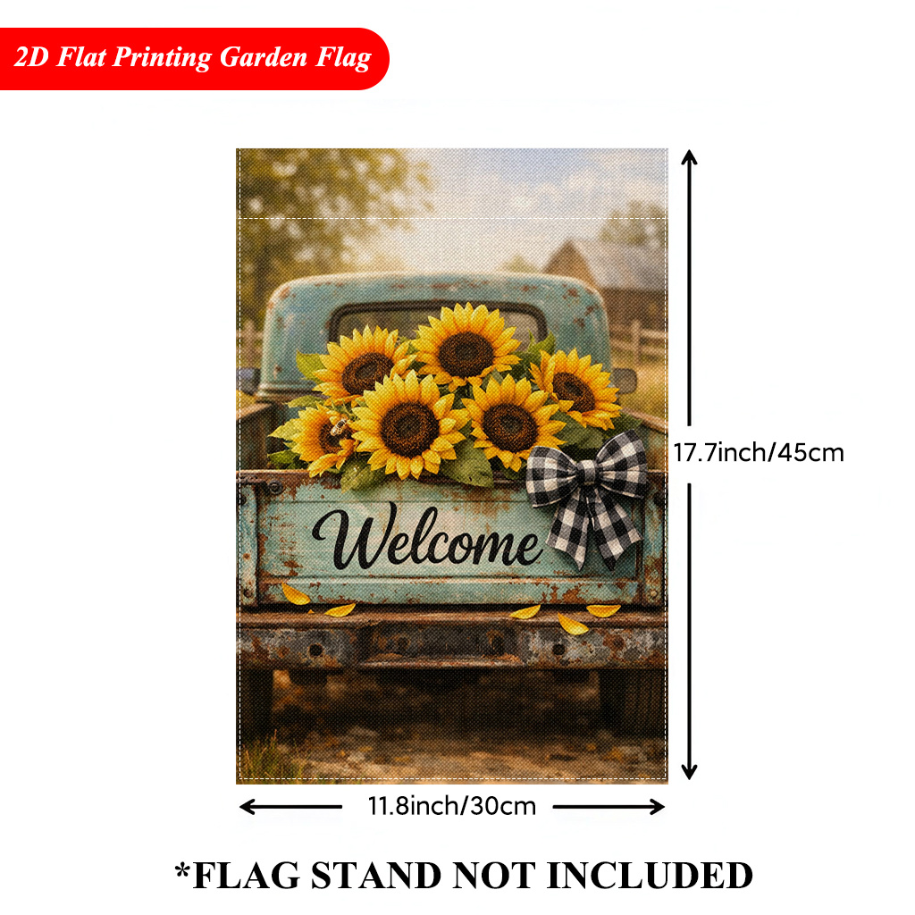 TEMU Drapeau de Jardin Imprimé en 2D Plat, 1 Pièce, Drapeau de Jardin Camion Rempli de Tournesols - Impression en Lin pour Décoration Extérieure de