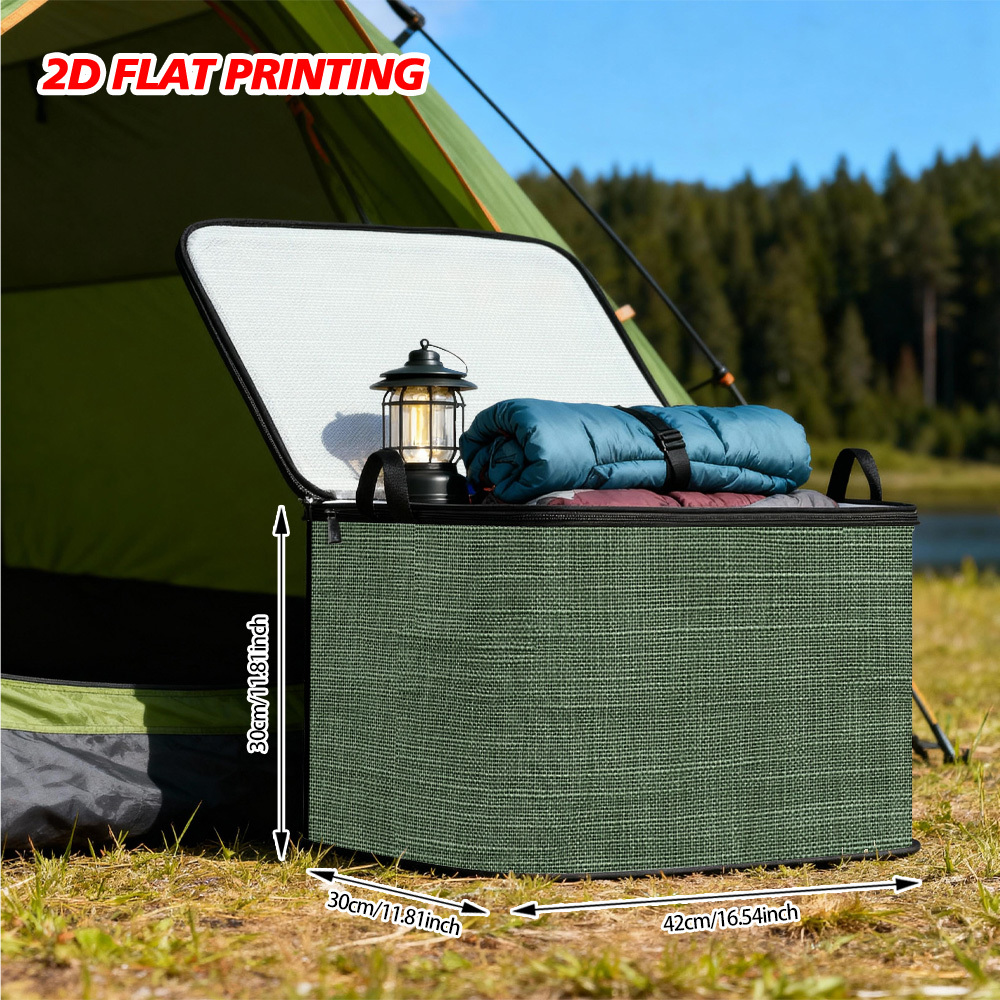 TEMU 1pc Large Capacity Foldable Shelf Baskets With Zipper & Handle, Green Fabric 2d Printing Lidded Storage Bins, Decorative Box, Multi-use For