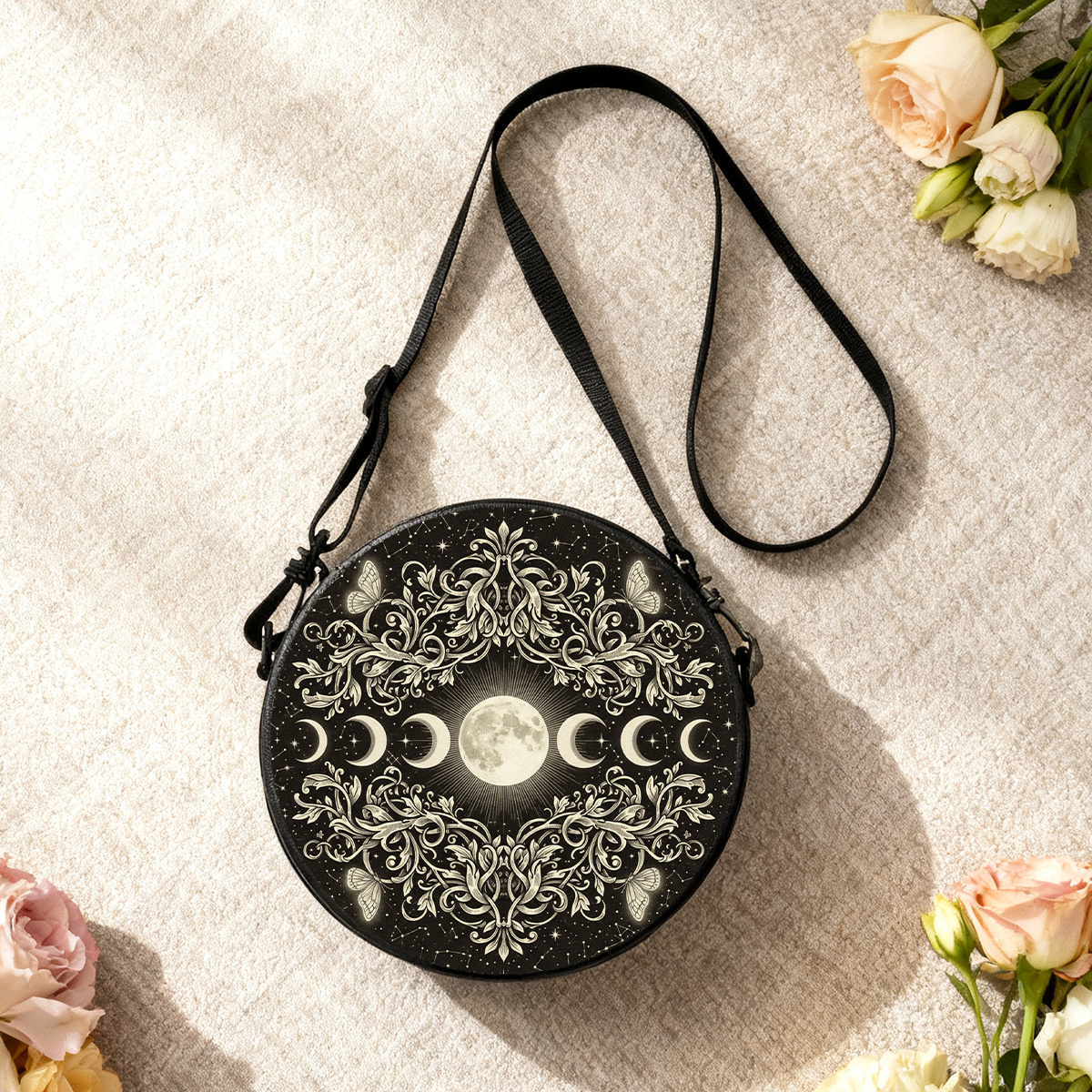 TEMU Round Crossbody Bag Featuring Moon Phases Design, Suitable For Men And Women. This Stylish Shoulder Bag As A Messenger Bag And Phone Pouch,