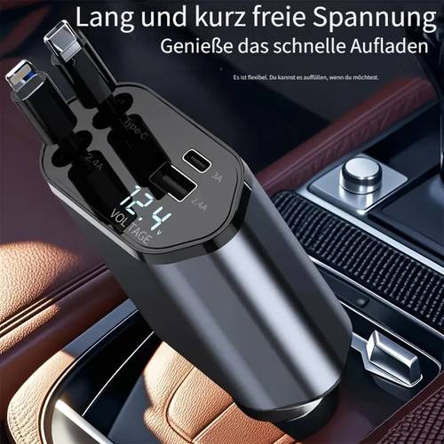 schnelles und ausziehbares autoladegerät | ausgestattet mit 2 usb- und type-c-datenkabeln, universalstecker, kompaktes design, einziehbares kabel, auto-ladeadapter von w&o