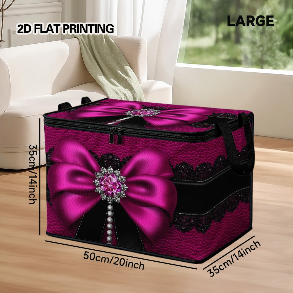 TEMU 2d Flat Printing, Single Piece, Stylish Pink Storage Bin With Lids, Soft Material, Collapsible Zipper Bag For Blankets, Bedding, And Clothes,