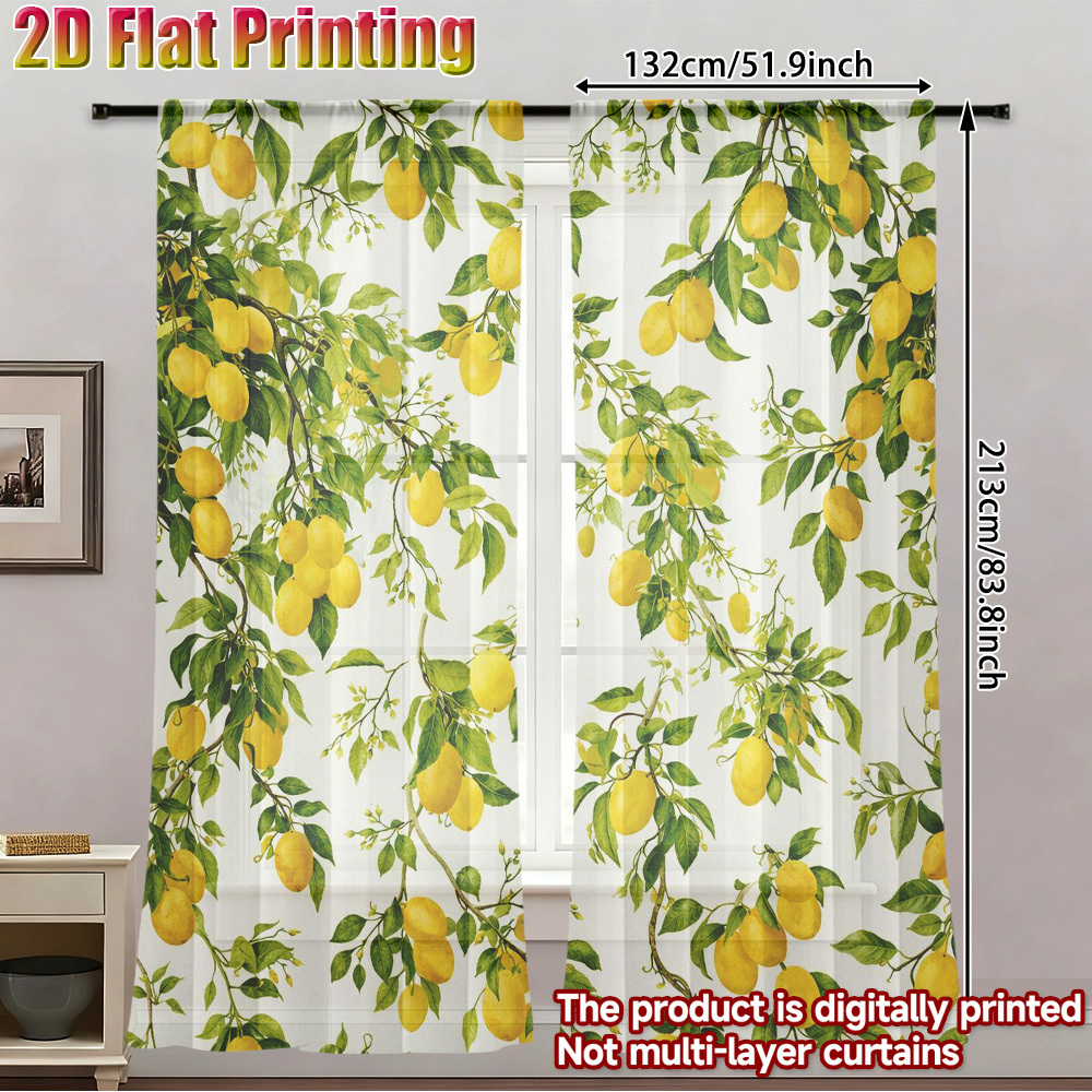 TEMU 2d Flat - 2d Flat - Set Of 2 Sheer Curtains Featuring A Lemon Tree Branch Design, Made From Semi-transparent Polyester Chiffon. Ideal For