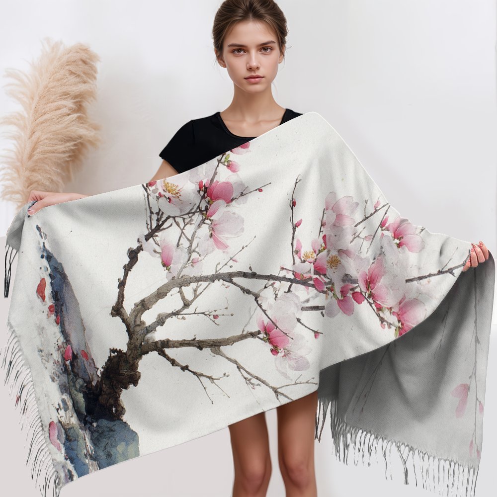 TEMU A Chinese-style Ink Wash Peach Printed Scarf Made Of Fiber, Serving As A Scarf And Shawl. Windproof, Warm, Comfortable, And Versatile, Suitable