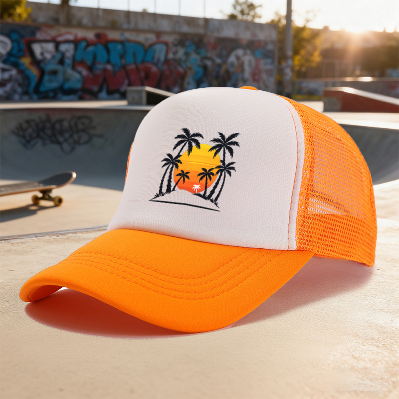 TEMU A Printed Mesh Cap Featuring Retro 80s Synthwave Style, Suitable For Men And Women With Blocking, Showcasing Of Palm Trees At Sunset , Embodying