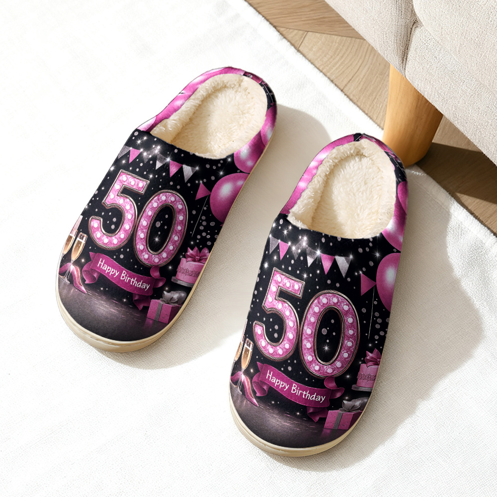 TEMU 1 Pair 50th Birthday Slippers Suitable For - Non-slip Sole With Tpr Sole & Soft Fuzzy House, Comfortable Indoor/outdoor Footwear For 50 Year