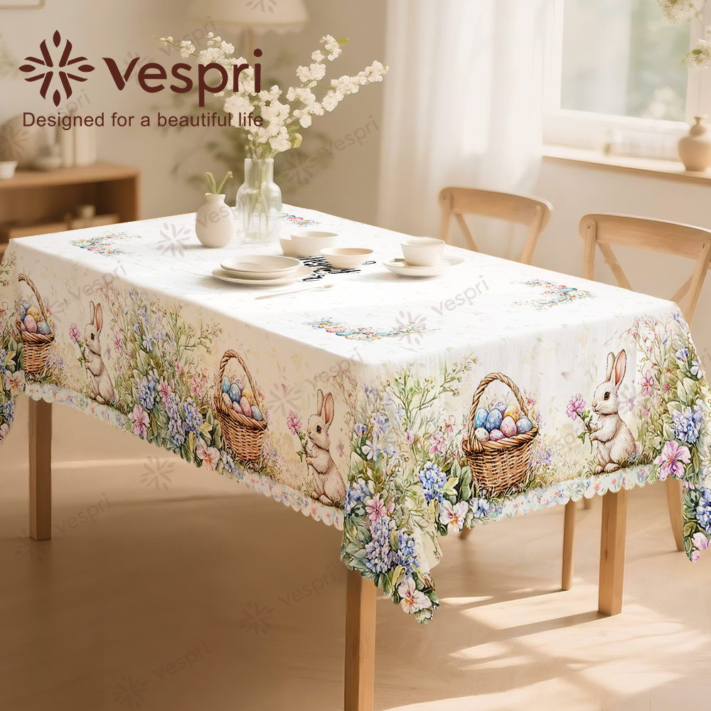TEMU European Rabbit & Basket Tablecloth - With White/yellow Decor, Round Rectangular Oval Suitable For Easter, Spring Parties, Restaurants, Outdoor