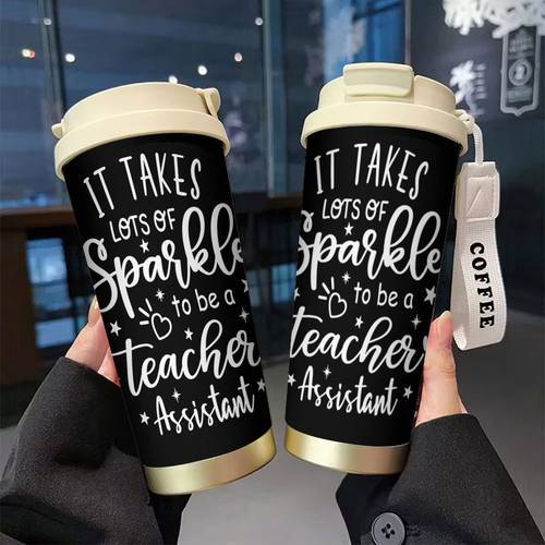. 18oz edelstahl kaffeebecher | wiederverwendbar, lehrerassistent glitzer-muster design, für büro oder reise, ideales geschenk für halloween, weihnachten und familie
