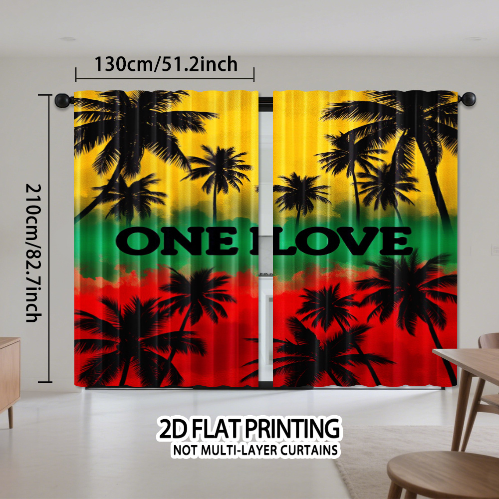 TEMU 2d Flat - 2d Flat - Set Of 2 Modern Reggae Palm Sunset Print Curtains, Designed For Light Filtering. Made From Semi-sheer Polyester With A Rod