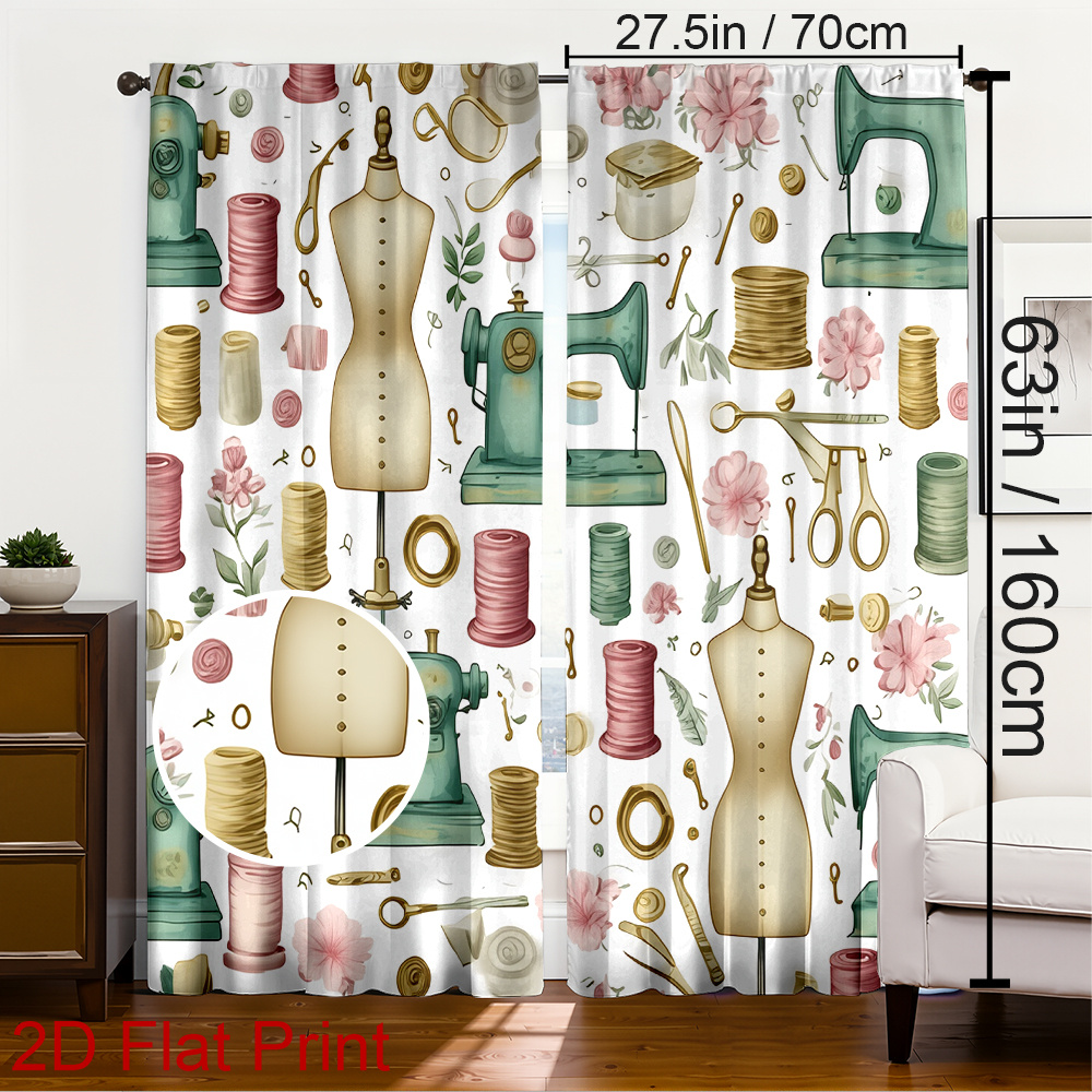 TEMU 1pc/2pcs Set Sewing Theme Curtains The Combination Of Sewing Machine And Flower Pattern. Blackout Curtain Panels Living Room, Bedroom, Office