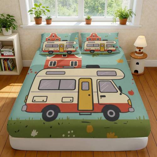 imagen del artículo 3 piezas de sábana ajustable con estampado de campervan vintage, diseño de casa en crema y , (1 sábana ajustable, 2 fundas de almohada, sin relleno), ideal para decoración de dormitorio
