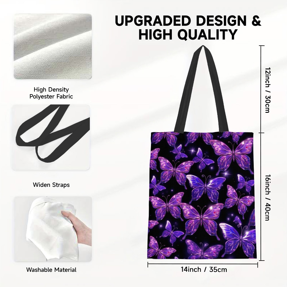 TEMU 1pc, Fashionable Women' Tote Bag, Reusable Grocery Bags With Purple Shimmering Butterflies Print, Large Capacity, Travel, Shopping, Work, Or