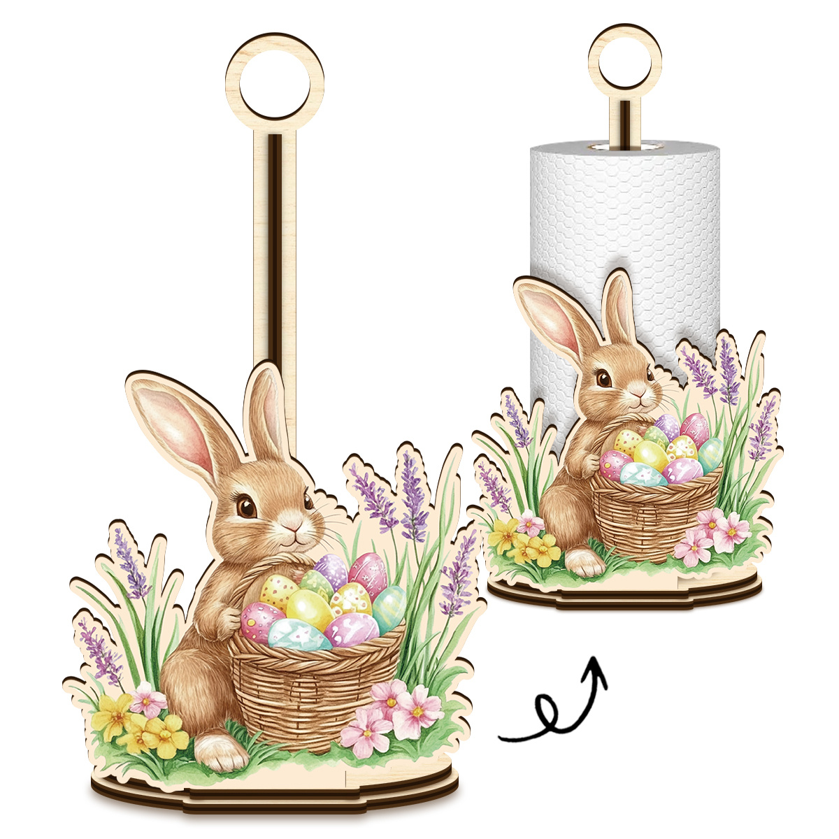 TEMU Easter Bunny Egg & Flower Basket Paper Towel Holder - Wood Painted /party Decoration With Hole-punch Installation, Cute Eggshell & Basket Design