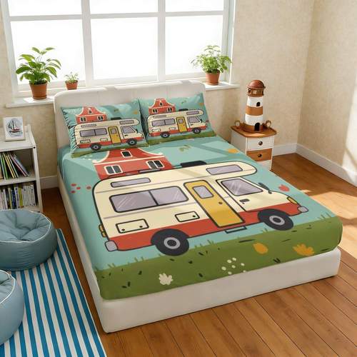 3 piezas de sábana ajustable con estampado de campervan vintage, diseño de casa en crema y , (1 sábana ajustable, 2 fundas de almohada, sin relleno), ideal para decoración de dormitorio