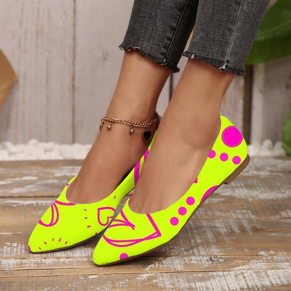 TEMU Jit Women Is Pointed Flats With 2d Printing Neon Green And Pattern Shoes Shoes Breathable Non Slip Loafers Pointed Easy On Off Lightweight
