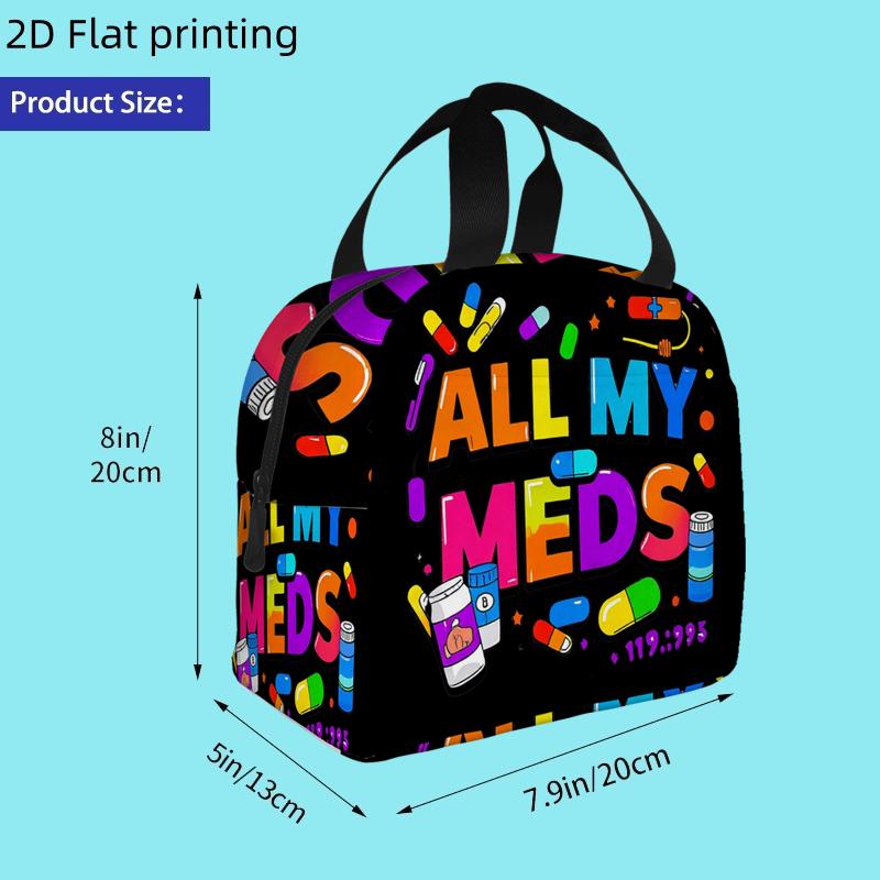 TEMU 1pc, "vibrant ' Meds' Colorful Design With Pills And Bottles." Printed Insulated Cooler Bag - Reusable Portable For Home , Unisex Non Food Contact, Durable, Birthday Gift