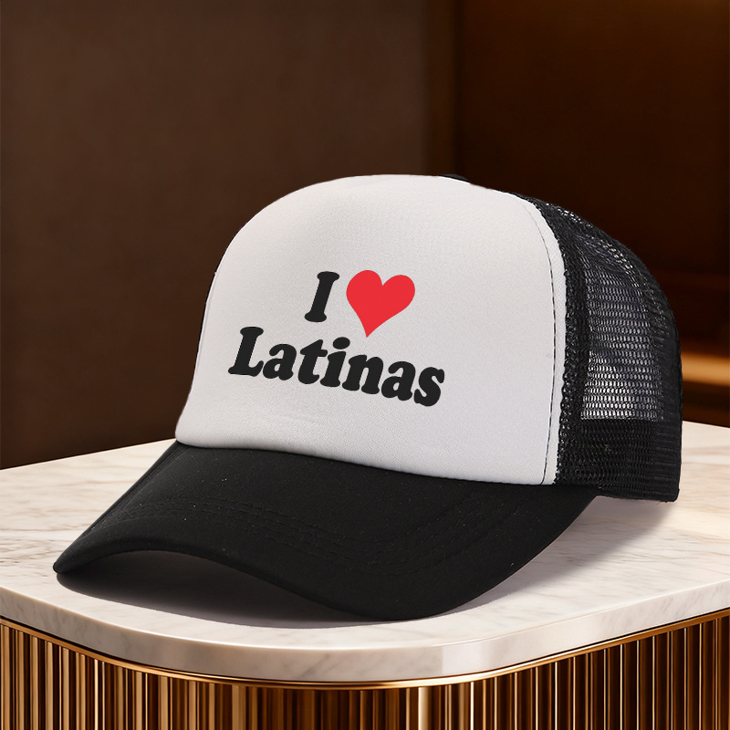 TEMU A "i Love Latinas" Print Sponge Mesh Cap Full Of Personalized , Stylish Color-blocking Style, Adjustable Breathable Design, Suitable For Outdoor