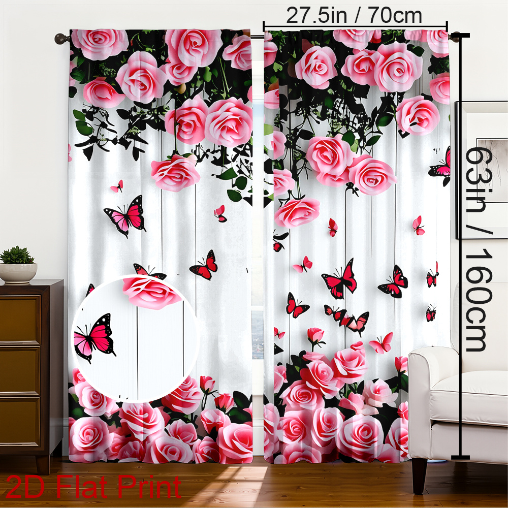 TEMU 1pc/2pcs Set Spring Pattern Window Curtains A Of Roses And Butterflies. Blackout Curtain Panels Light-filtering Rod Pocket Drapes, Machine