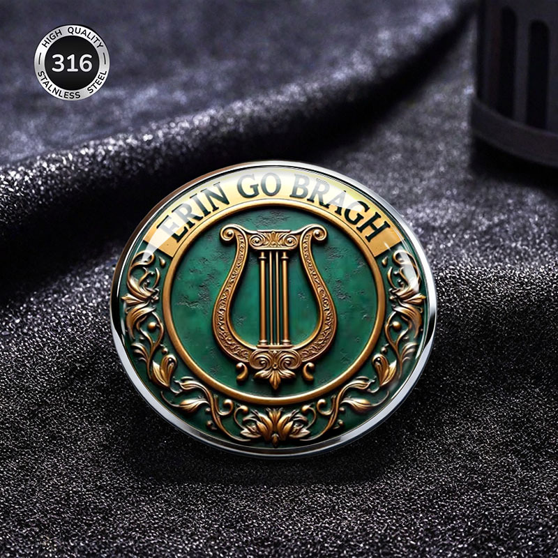 TEMU 2dflat Stainless Steel Themed Brooch, Irish Cultural Commemorative Jewelry, Harp Pattern Graphic Printing Brooch, Personalized Retro Style Pin,