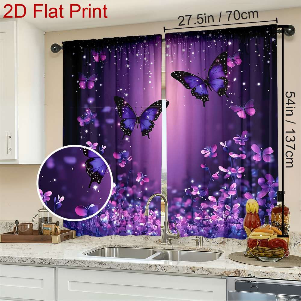 TEMU 1pc/2pcs Set Spring Curtains Purple Butterflies Dance The Flowers. Blackout Curtain Panels For Bedroom, Living Room, Office, Rod ,